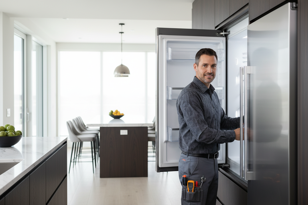 Professional technician inspecting a built-in refrigerator
